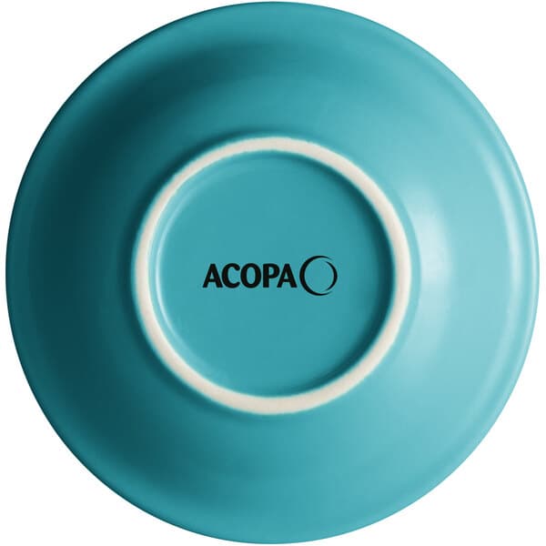 A Caribbean turquoise stoneware bowl with a white rim and the word Acopa on it.