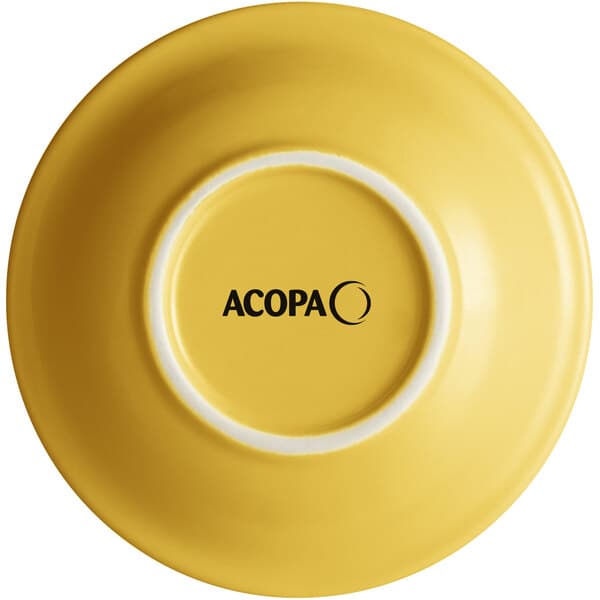 A yellow stoneware bowl with the word "Acopa" in black text.
