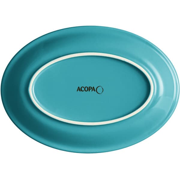 An Acopa Capri Caribbean turquoise oval stoneware coupe platter with a white border.