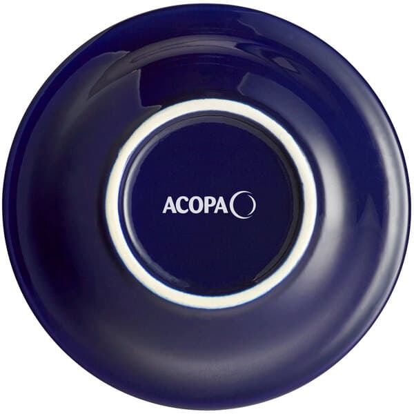 An Acopa Capri deep sea cobalt stoneware fruit bowl with white text on it.