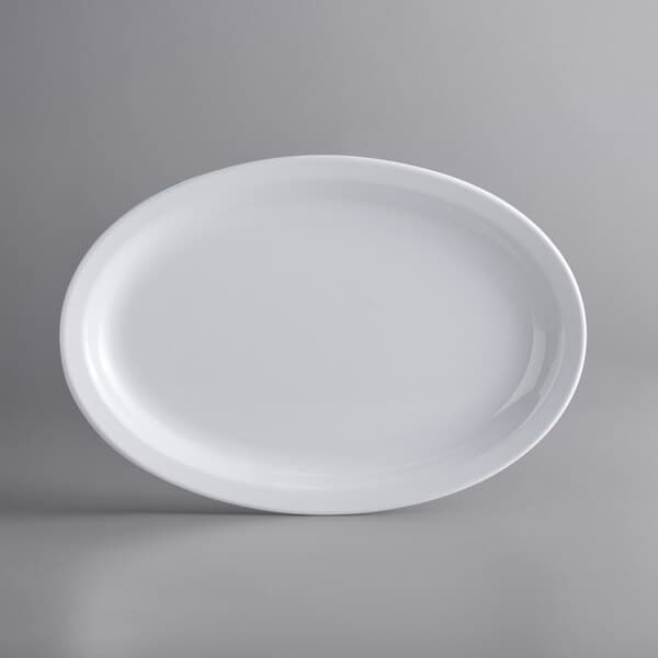 A white oval platter with a narrow rim.