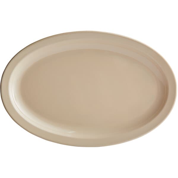 A tan oval platter with a white background and black lines.