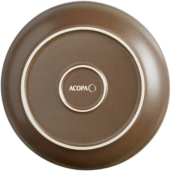 A brown stoneware pasta bowl with white text that reads "Acopa" on it.