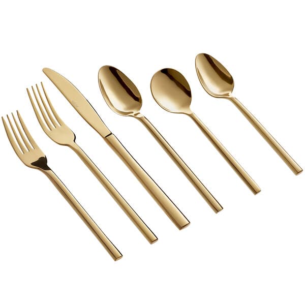 A close-up of a gold Acopa Phoenix stainless steel salad/dessert fork.