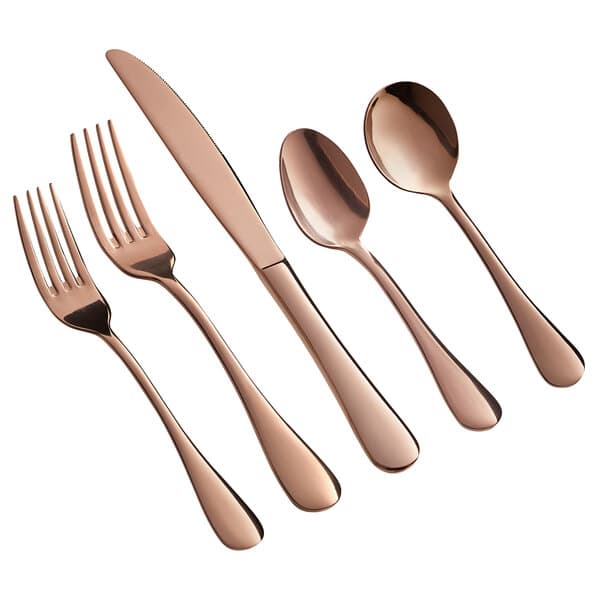 A close-up of a set of rose gold Acopa Vernon flatware, including a spoon, fork, and knife.