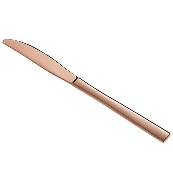 An Acopa Phoenix rose gold stainless steel dinner knife with a wooden handle.