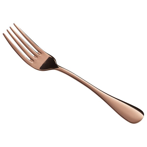 A close up of an Acopa Vernon rose gold salad/dessert fork.