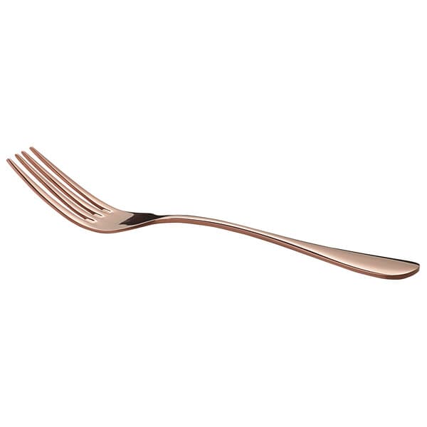A close up of an Acopa Vernon rose gold salad/dessert fork.