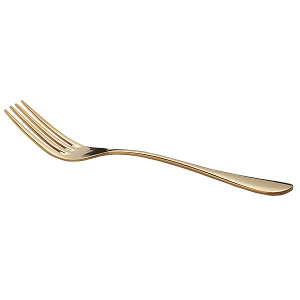 A close up of an Acopa Vernon gold salad/dessert fork with a curved tool end.