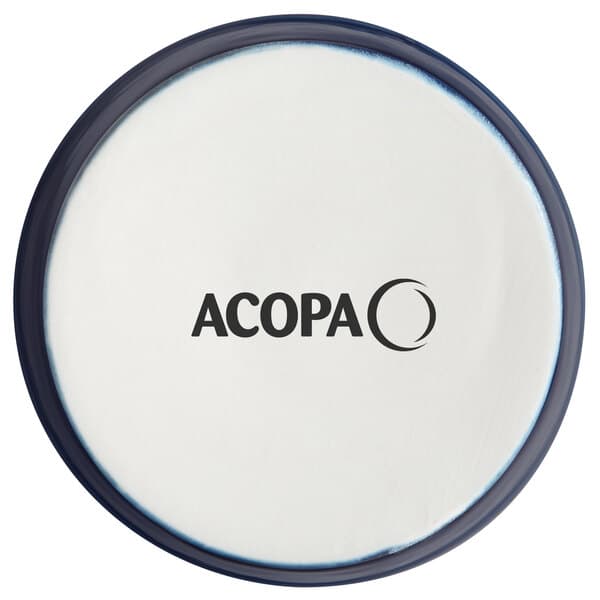 A white stoneware ramekin with "Azora" in black text and a blue circle.