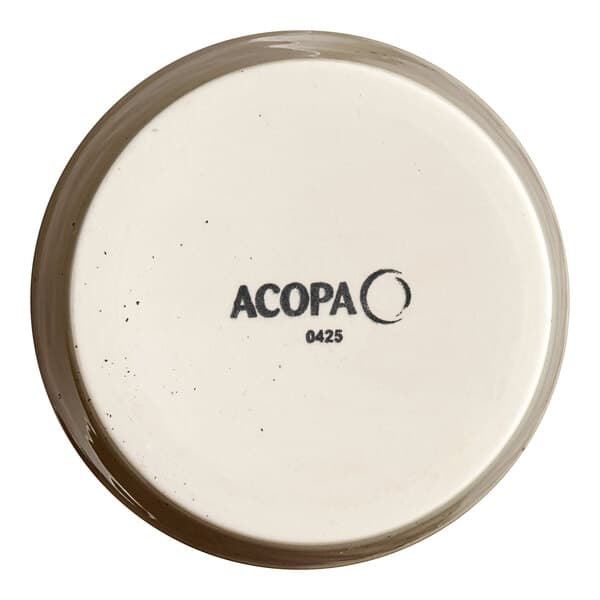 A small, round granite gray stoneware ramekin with the Acopa logo on the bottom.