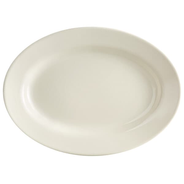 An Acopa ivory stoneware platter with a wide rim.
