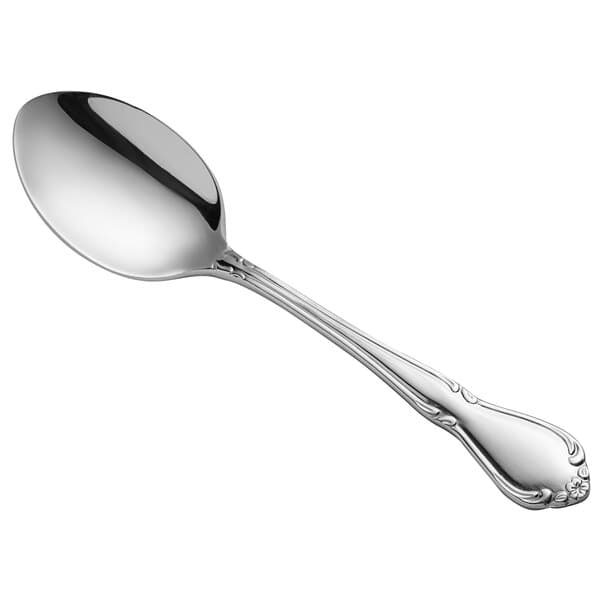 An Acopa Blair stainless steel dinner/dessert spoon with a long handle.