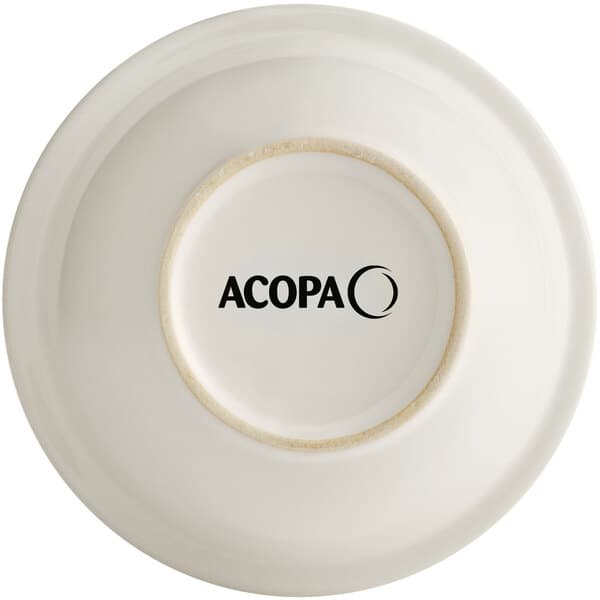 An Acopa ivory stoneware bowl with the word Acopa in black.