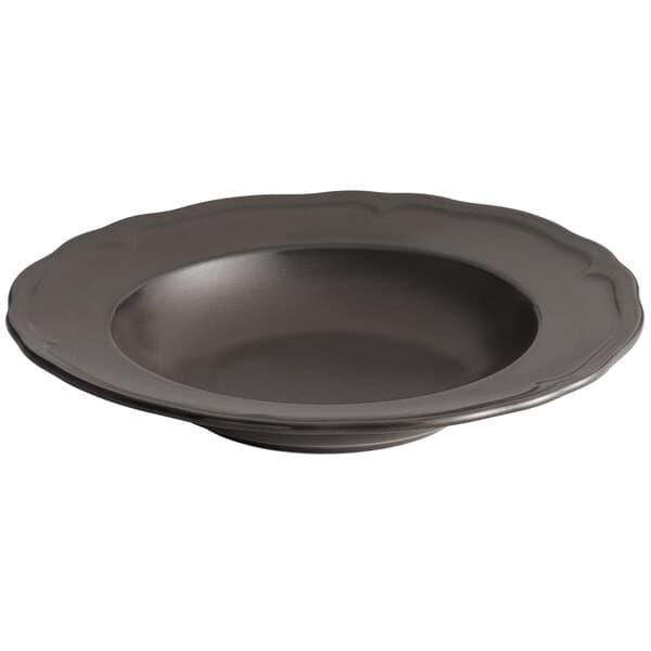 An Acopa Armor Gray porcelain pasta bowl with a scalloped edge.
