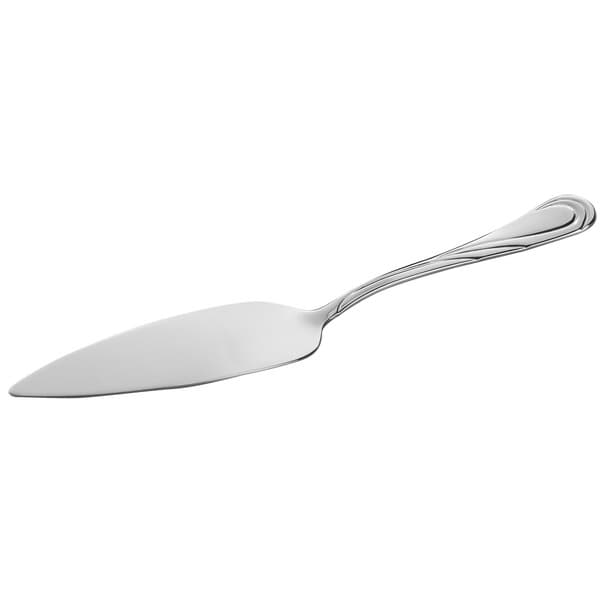 An Acopa stainless steel cake server with a swirl design on the handle.