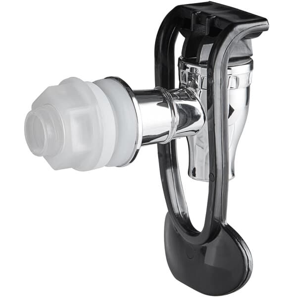 A close up of a metal Acopa replacement spigot with a white handle.