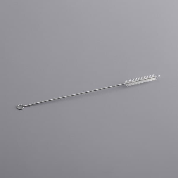 A silver Acopa stainless steel straw cleaning brush with a metal handle and white bristles.