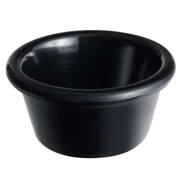 An Acopa black ramekin on a white background.