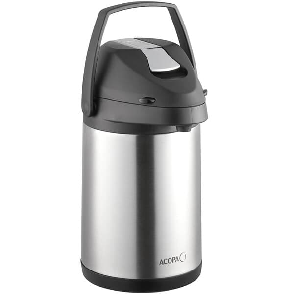 An Acopa stainless steel airpot with a black metal lever.
