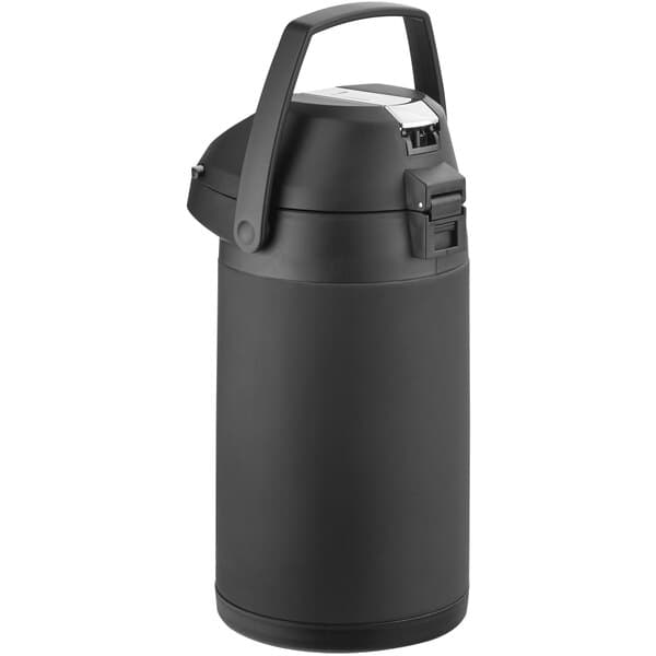 An Acopa stainless steel airpot with a black matte finish and metal lever handle.