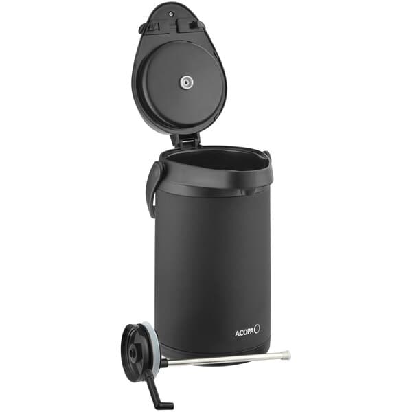 A matte black Acopa stainless steel airpot with a metal lever.