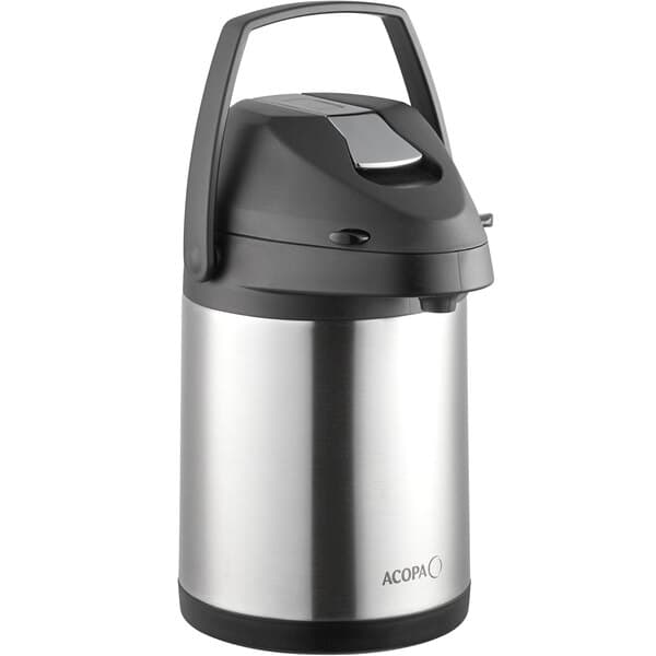 An Acopa stainless steel airpot with a black lid and lever.