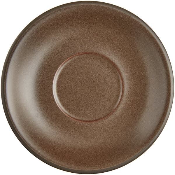 A brown Acopa Embers stoneware saucer with a circle in the middle.