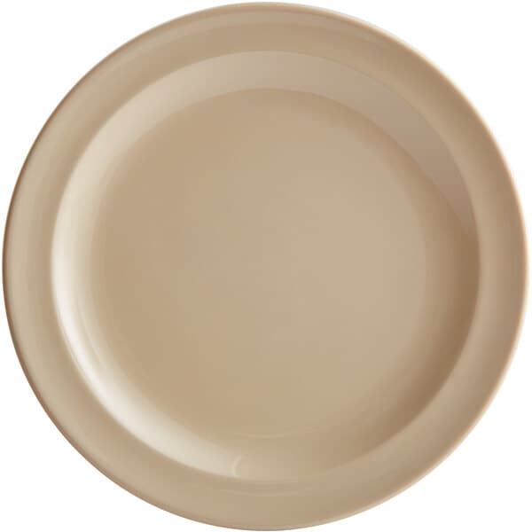 An Acopa Foundations tan narrow rim melamine plate on a white background.