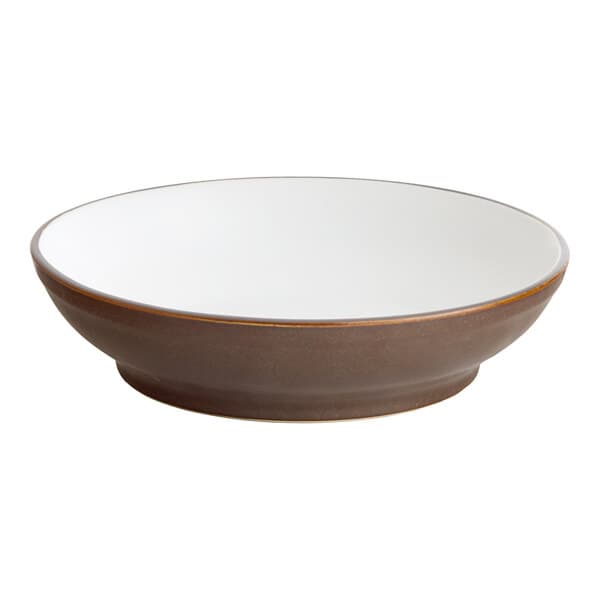 An Acopa hickory brown stoneware pasta bowl with a white rim.