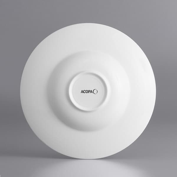 An Acopa Liana bright white porcelain pasta bowl with embossed lines.