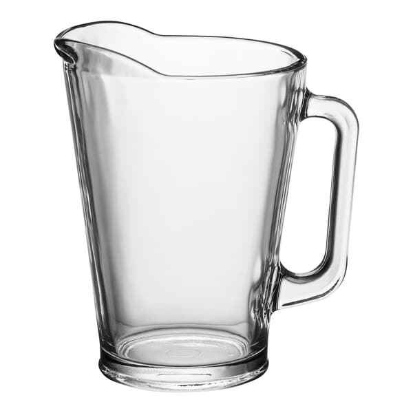 An Acopa clear glass pitcher with handle.