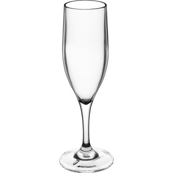 An Acopa Endure clear plastic champagne flute with a small stem.