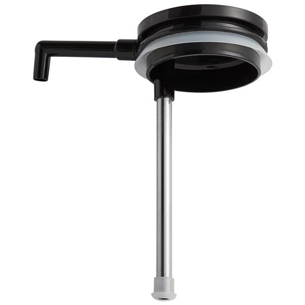 A black and silver metal Acopa airpot stem with a black handle.