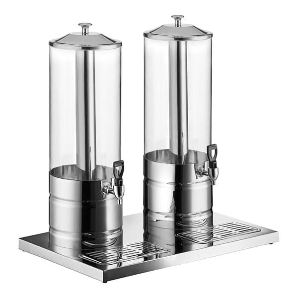 An Acopa stainless steel and polycarbonate beverage dispenser stand with two glass dispensers.