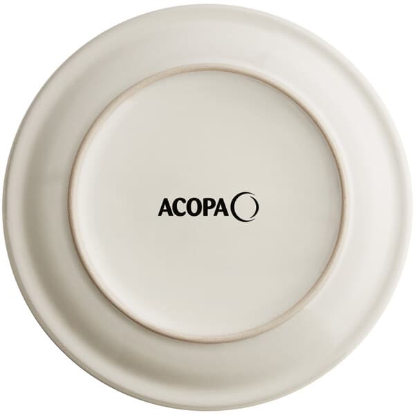 An ivory stoneware plate with black text that says "Acopa"