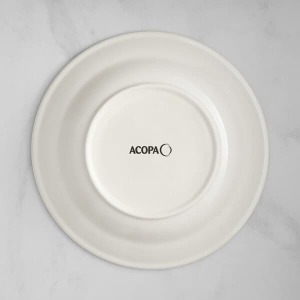 An Acopa ivory stoneware pasta bowl with blue bands and the word Acopa in black text.