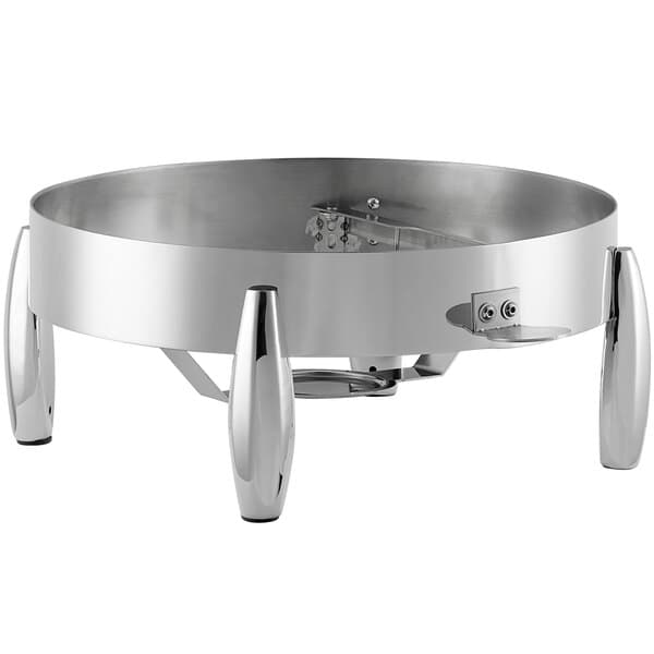An Acopa Manchester round stainless steel chafer stand with legs holding a fuel holder.