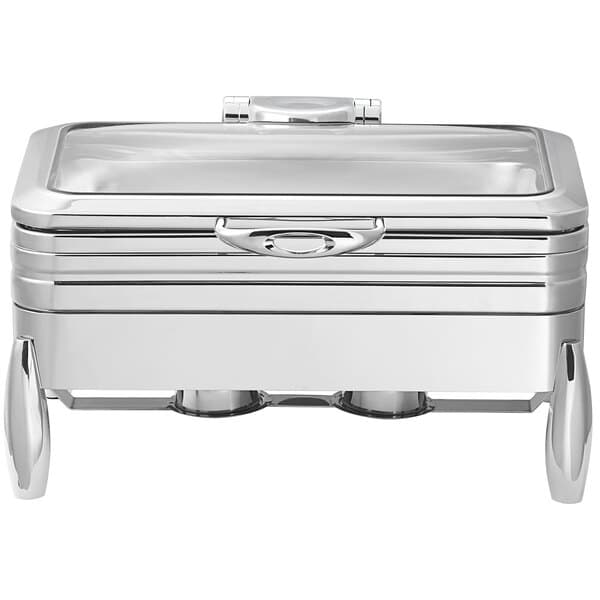 An Acopa stainless steel chafer with a glass lid and silver accents.