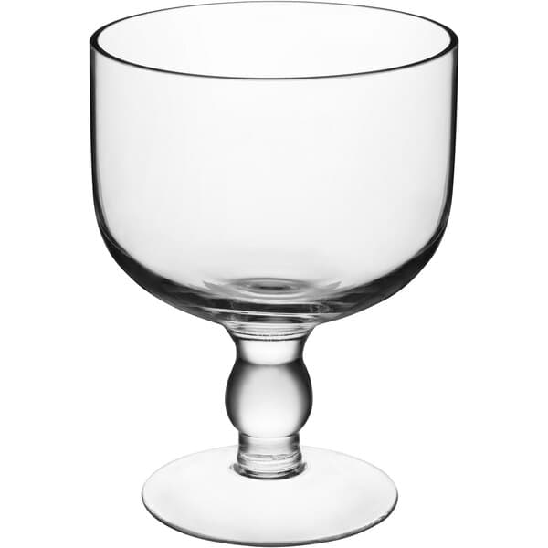 A clear glass schooner with a round base.