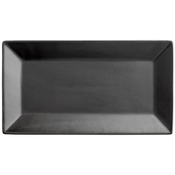 A black rectangular Acopa stoneware platter.