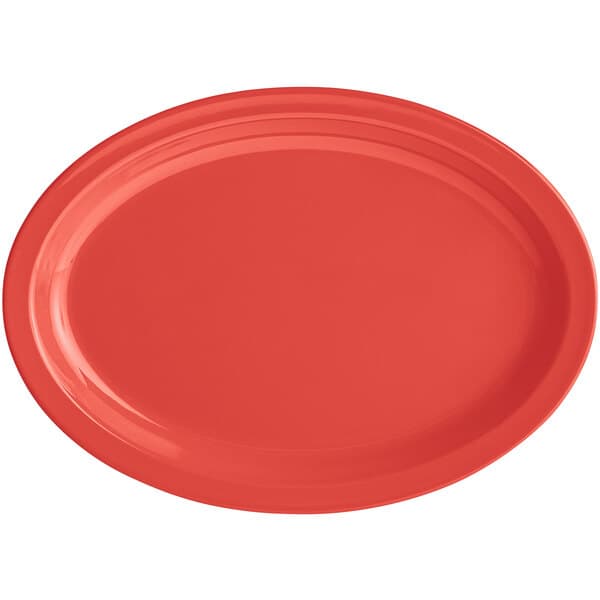An orange oval platter with a white border.