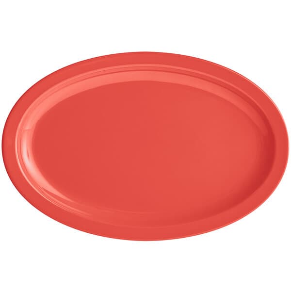 An orange oval platter with a red rim.