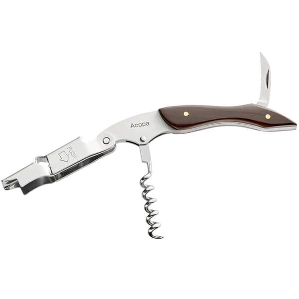 An Acopa Flex waiter's corkscrew with a dark wood handle and metal blade.
