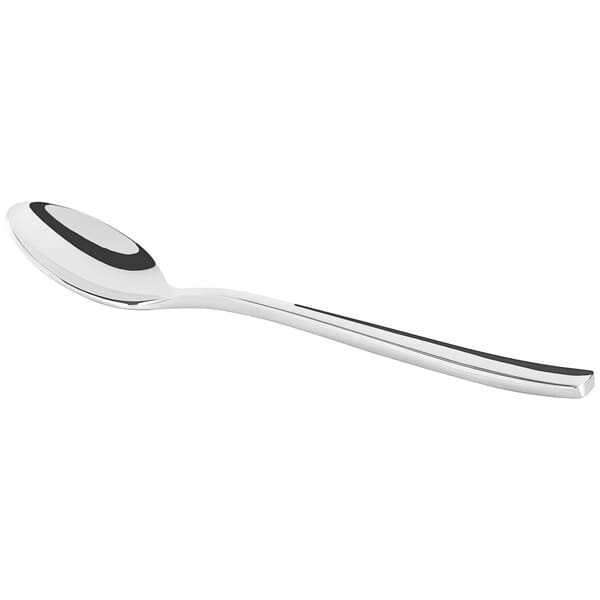 An Acopa stainless steel demitasse spoon with a black handle.