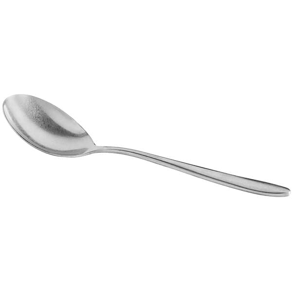 An Acopa Pangea stainless steel bouillon spoon with a silver handle.