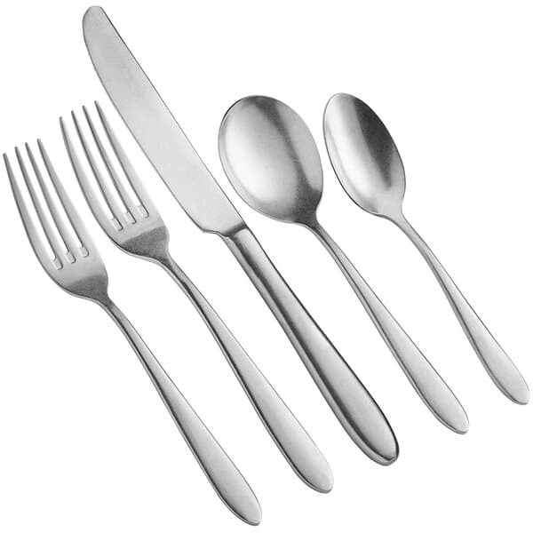 Acopa Pangea 18/8 stainless steel flatware set with a spoon, fork, and knife.