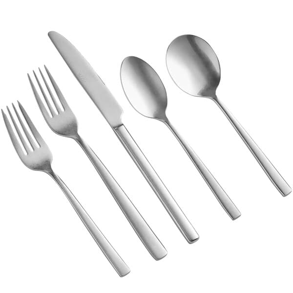 A close-up of an Acopa Petra stainless steel spoon and fork.