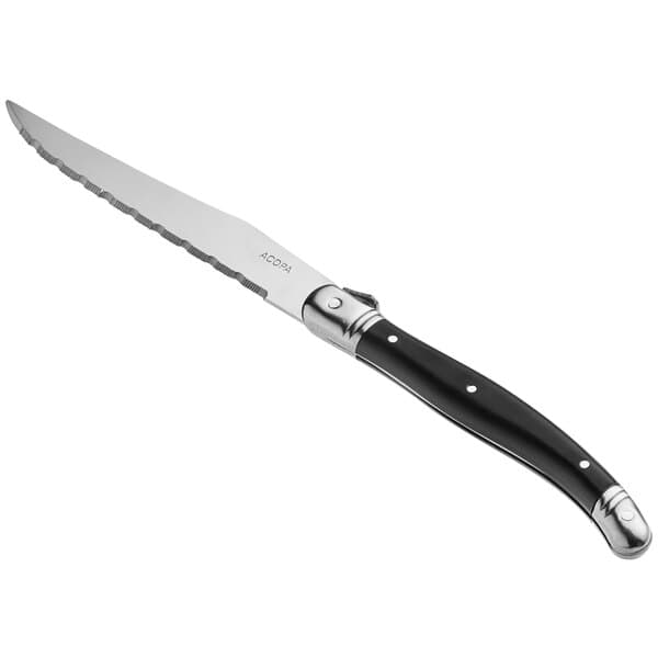An Acopa stainless steel steak knife with a black handle.
