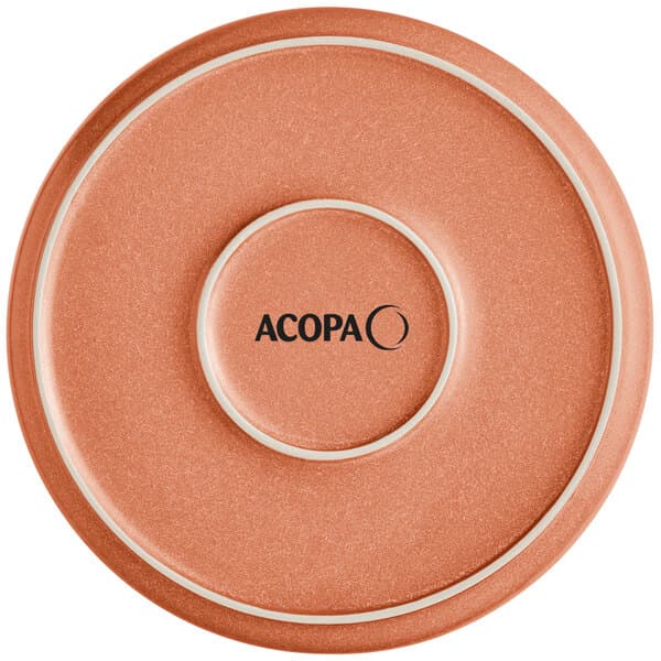 A close-up of an Acopa Terra Cotta matte coupe porcelain plate with the word "Acopa" on it.